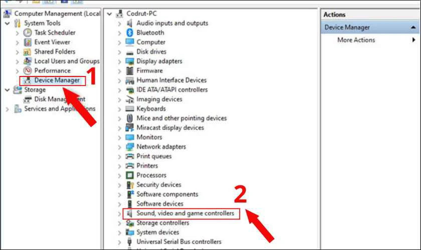 Chọn Device Manager và sau đó chọn tính năng Sound, video and game controllers