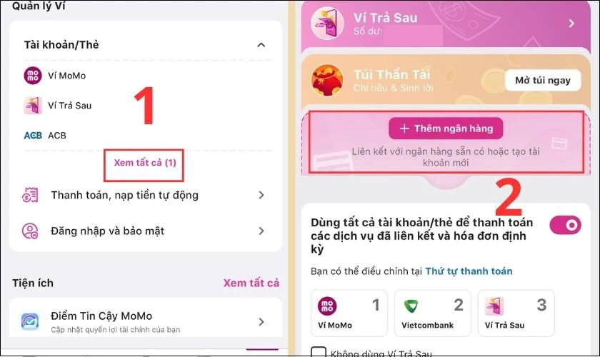 Chọn mục Thêm ngân hàng để liên kết ví MoMo