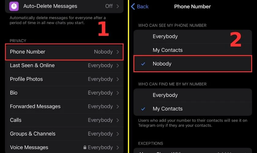 Chọn Nobody ở mục WHO CAN SEE MY PHONE NUMBER