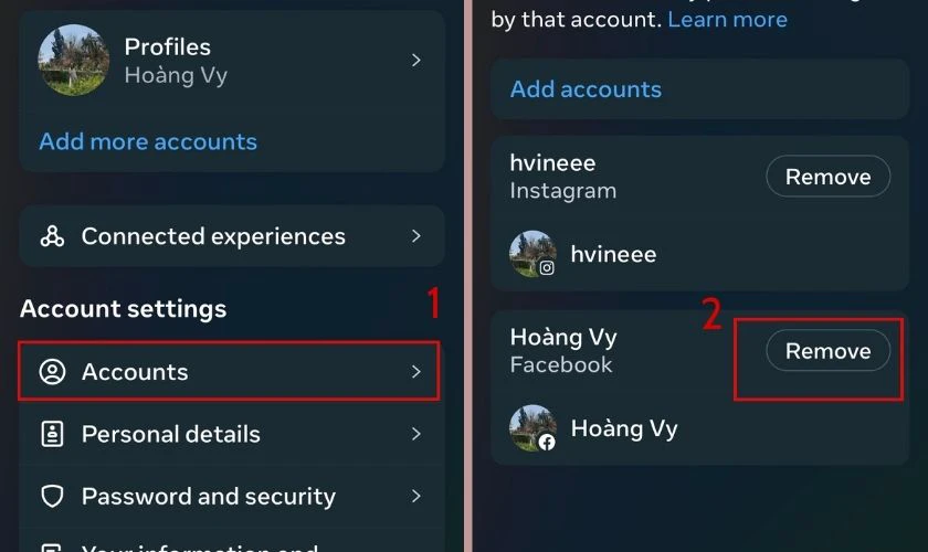Nhấn chọn mục Tài khoản (Accounts) và lựa chọn tài khoản muốn xóa liên kết với Instagram, nhấp Xóa