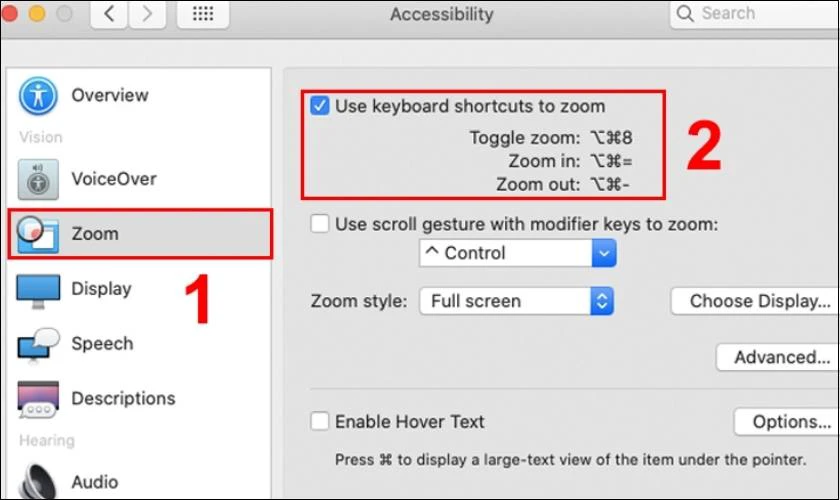 Tích vào ô Use keyboard shortcuts to zoom để bật tính năng sử dụng phím tắt lên