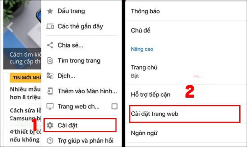 Nhấn menu Cài đặt và chọn Cài đặt trang web