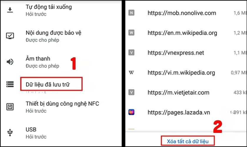 Vào Dữ liệu đã lưu trữ và nhấn chọn Xoá dữ liệu duyệt web