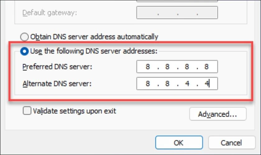 Nhập thông tin vào mục Preferred DNS và nhấn OK
