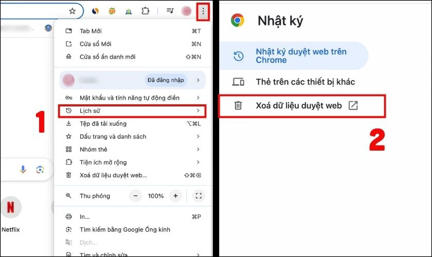 Xoá bộ nhớ cache, cookie, lịch sử duyệt web