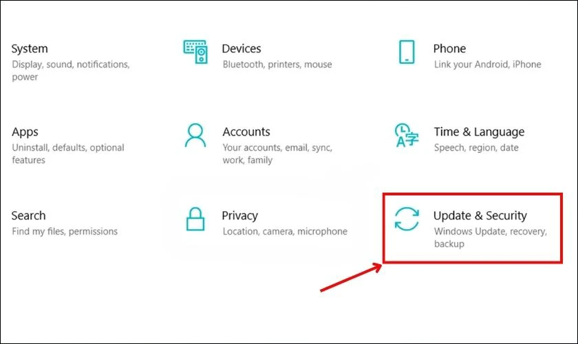 Truy cập vào Cài đặt và chọn Update & Security