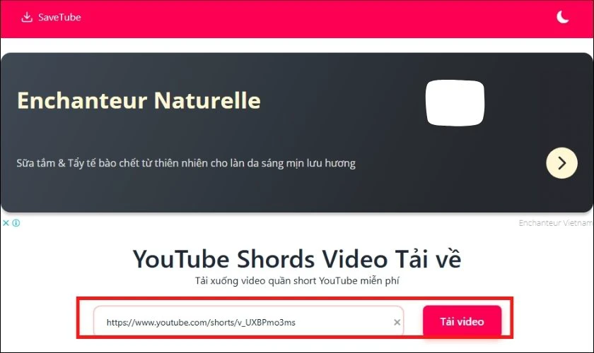 Nhập URL video Short vào trang web Savetube.me