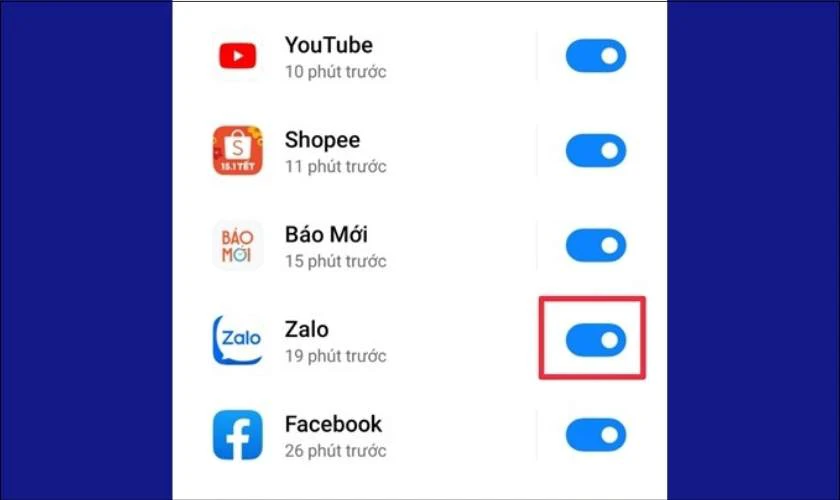 Cuối cùng bạn hãy tìm ứng dụng Zalo và gạt thanh trượt sang phải để cấp quyền thông báo