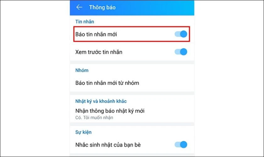 Gạt nút Báo tin nhắn mới sang phải để bật thông báo