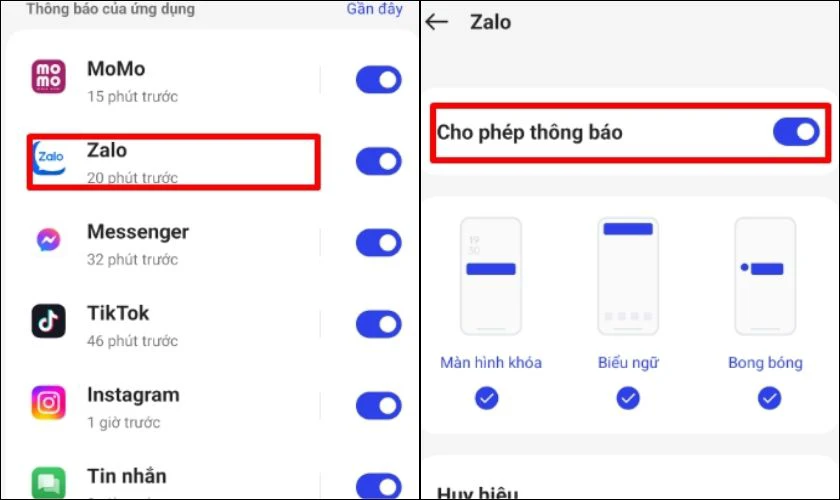 Chọn Zalo, tại tùy chọn Cho phép thông báo gạt thanh sang phải để bật thông báo