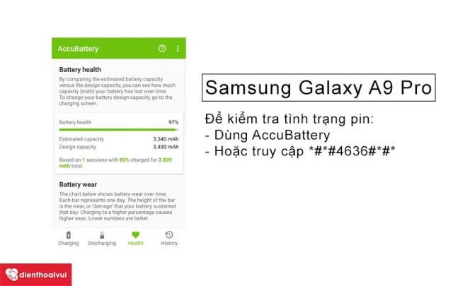 Cách kiểm tra độ chai pin trên Samsung Galaxy A9 Pro: Pin chai, nóng máy, phồng pin