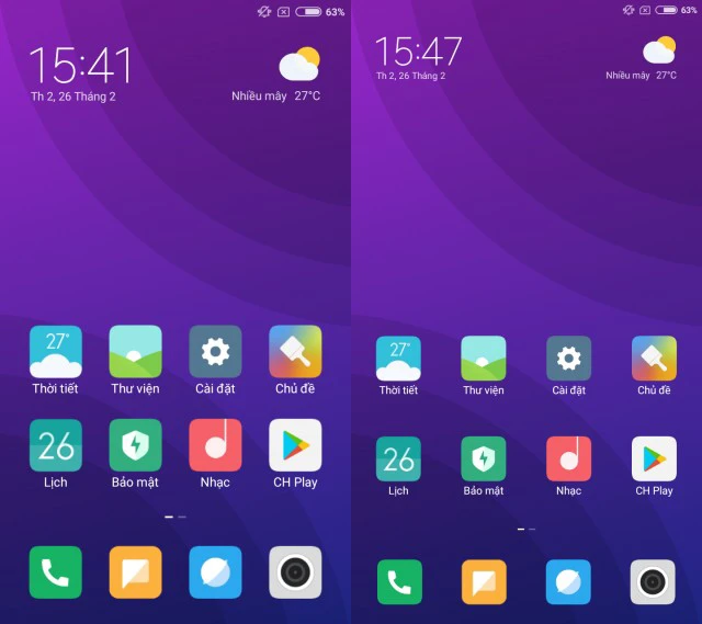 Màn hình chính (Trước - Sau) khi độ rộng nhỏ nhất xiaomi