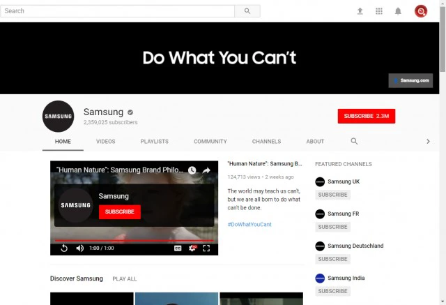 Kênh YouTube chính thức của Samsung