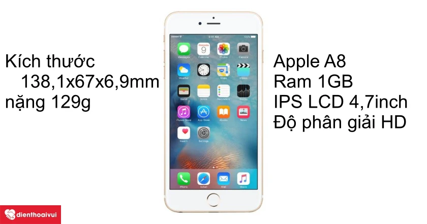 iPhone 6 có thiết kế cao cấp, mỏng nhẹ và dễ cầm. Kích thước nhỏ gọn, chỉ nặng 129g