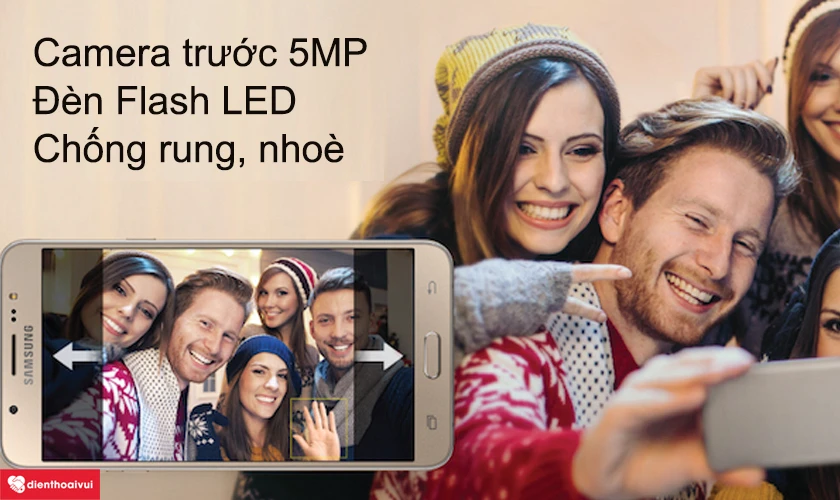 Samsung Galaxy J7 2016 : Camera trước 5MP, đèn Flash LED, chống rung, nhoè