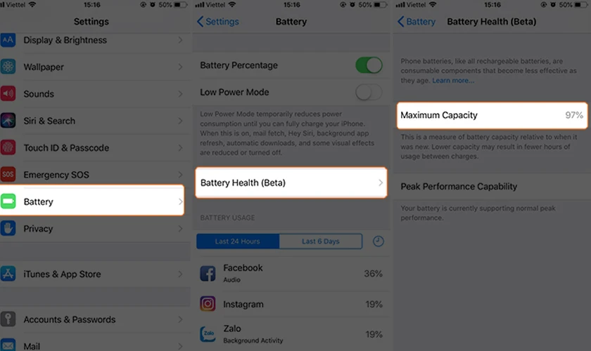 kiểm tra dung lượng pin iPhone bằng battery health
