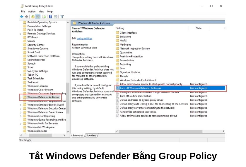 Tăng tốc win 10 bằng cách tắt Windows Defender bằng Group Policy