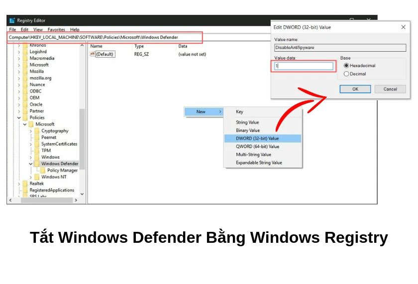 Tăng tốc Win 10 bằng cách tắt Windows Defender bằng Windows Registry