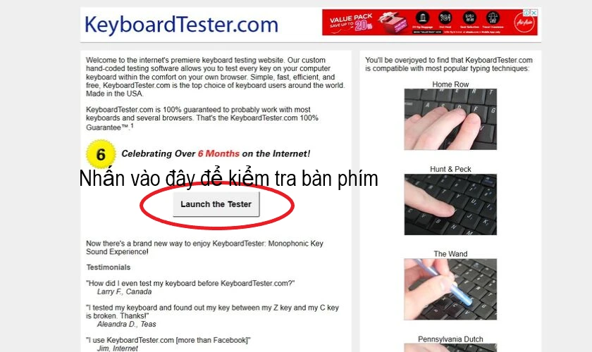 test lỗi bàn phím laptop bằng keyboardtester trên website