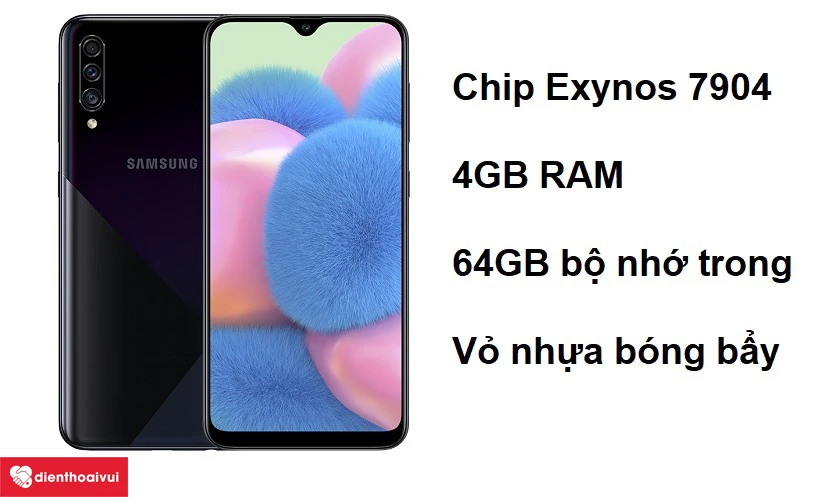 Samsung Galaxy A30s với thiết kế vỏ nhựa bóng bẩy