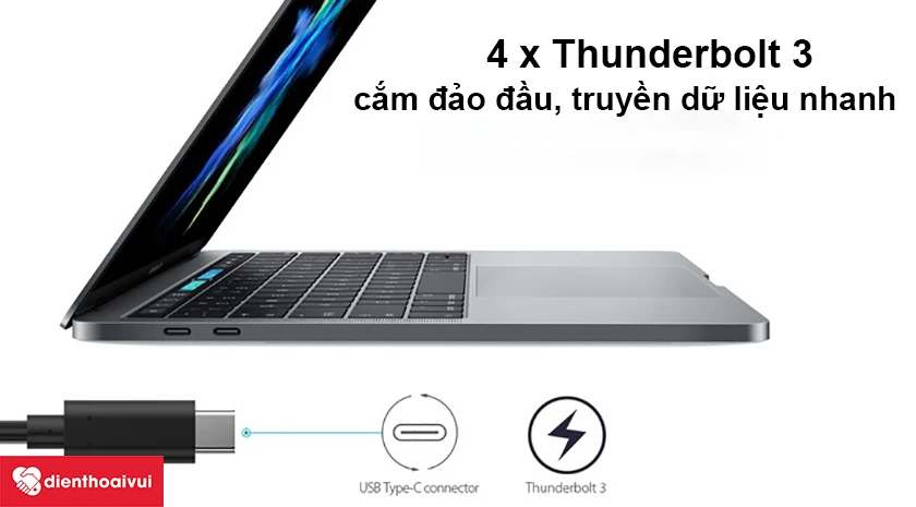 Macbook Pro 2018 – Trang bị bốn cổng Thunderbolt 3 cắm đảo đầu, truyền dữ liệu nhanh
