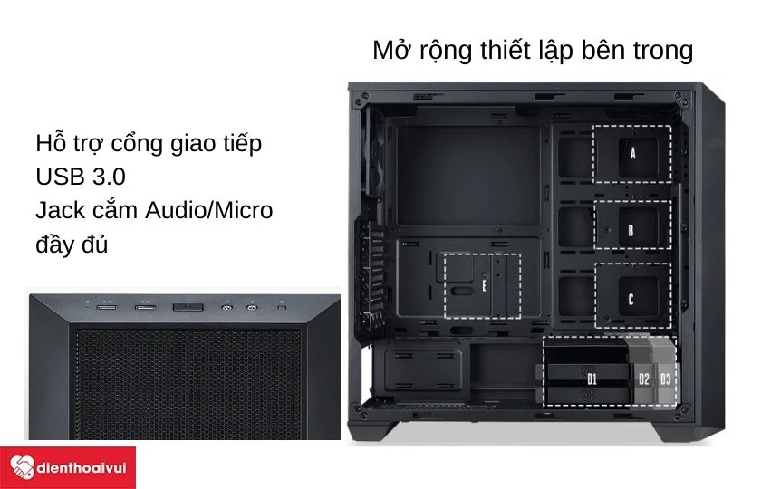 Case Cooler Master MasterBox 5 Black Window có thiết kế rộng rãi bên trong, nhiều cổng kết nối