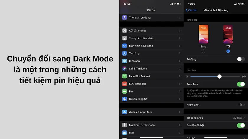 Sử dụng chế độ tối (Dark Mode) giúp tiết kiện pin iPhone