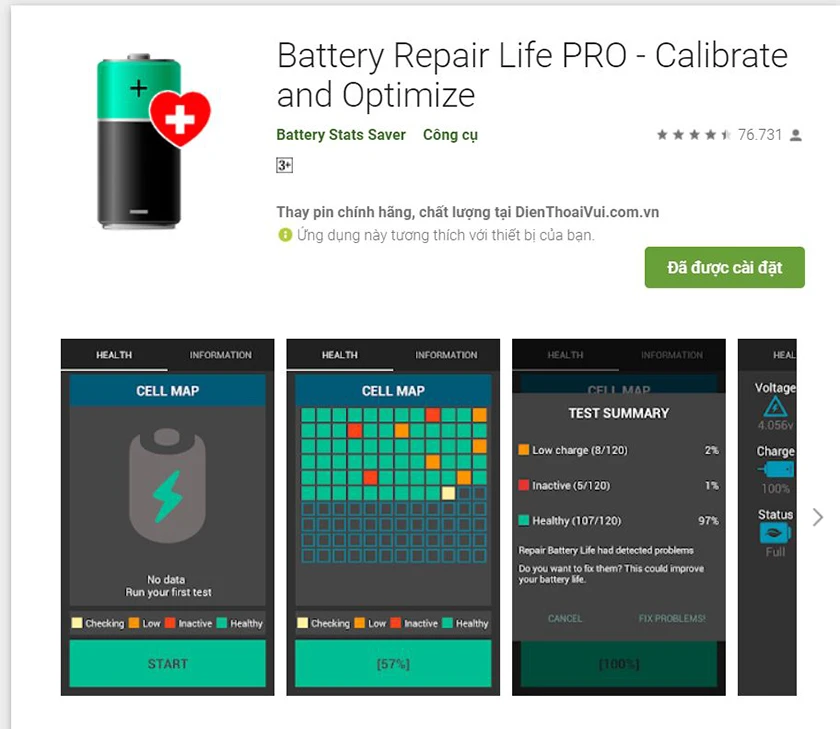Cách kiểm tra độ chai pin android bằng ứng dụng, phần mềm Battery Repair Life PRO - Calibrate and Optimize