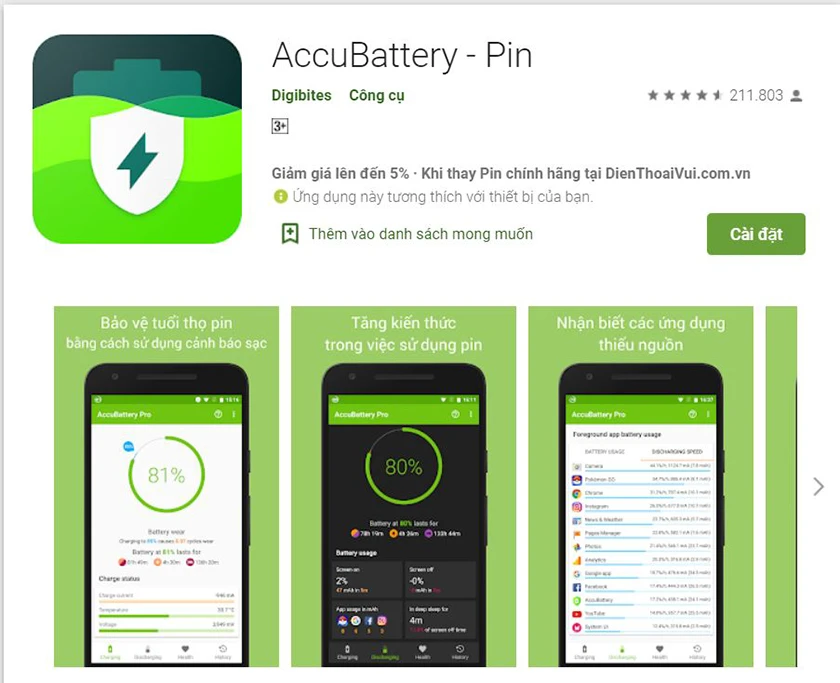 Ứng dụng, phần mềm kiểm tra chai pin chính xác trên điện thoại Android Accu​Battery - Pin