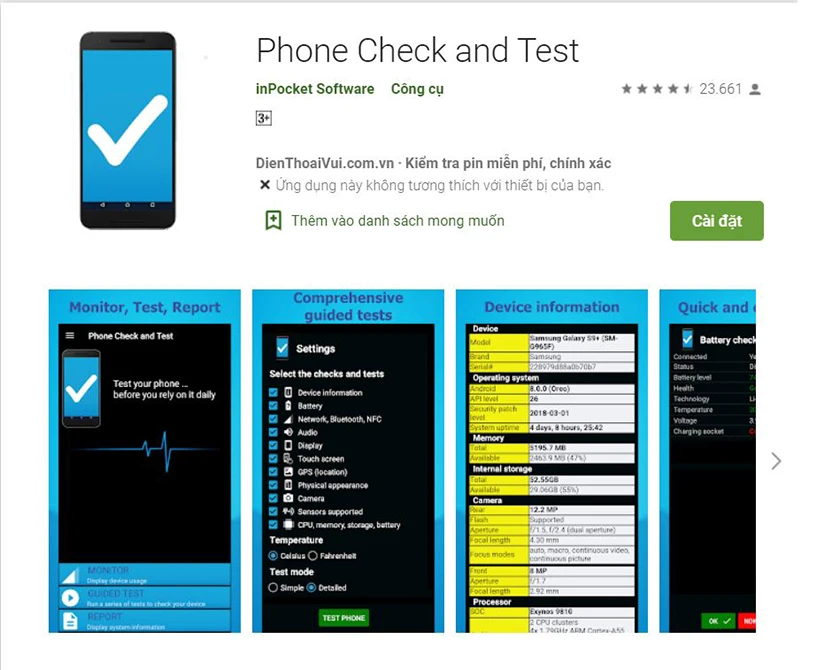 cách kiểm tra độ chai pin Android bằng phần mềm, ứng dụng Phone Check