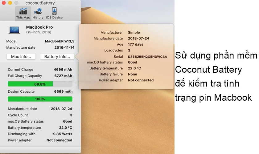 Phần mềm Coconut Battery giúp check pin Macbook hiệu quả
