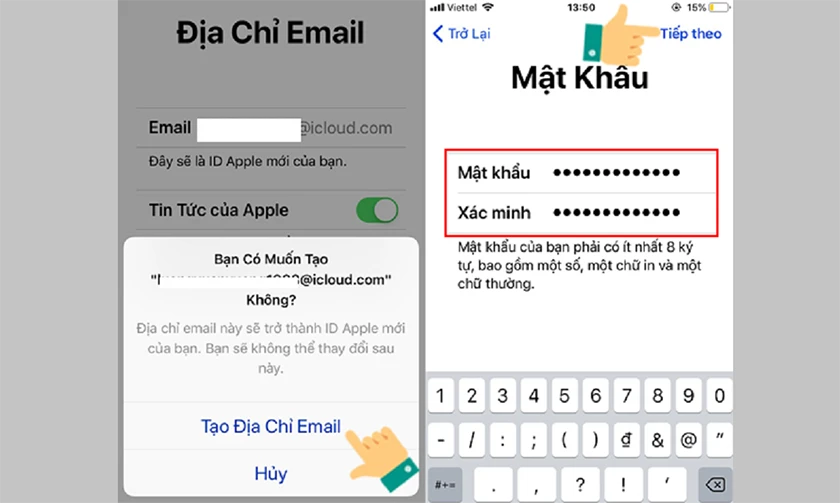 Bước 5: Ấn chọn Tạo địa chỉ Email và nhập mật khẩu khởi tạo