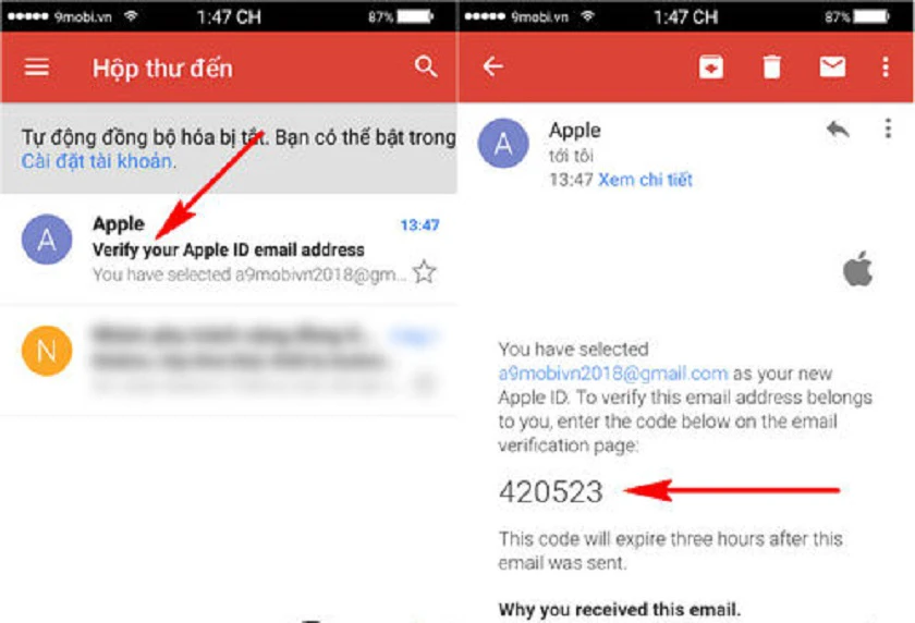 Bước 5: Hệ thống sẽ gửi tin nhắn vào email mà bạn đăng ký iCloud để yêu cầu nhập mã xác nhận tài khoản đăng ký iCloud bằng gmail.