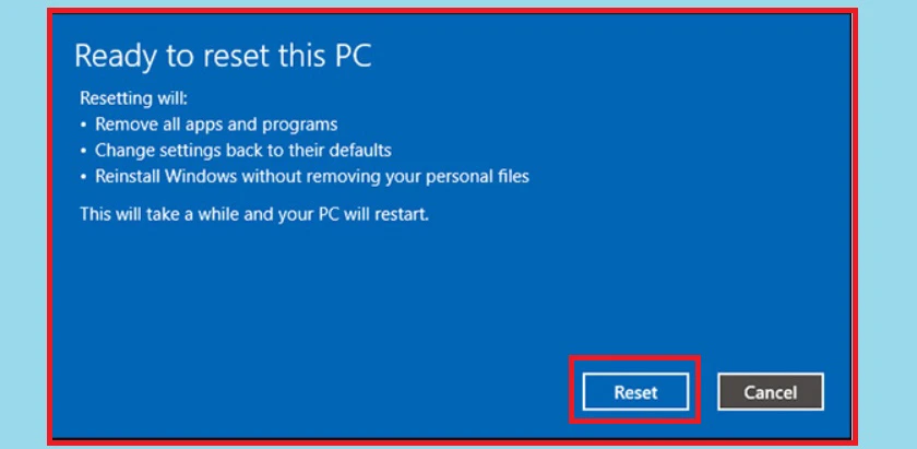 màn hình của máy sẽ báo Ready to reset this PC bạn nhấn chọn Reset là xong - reset máy tính