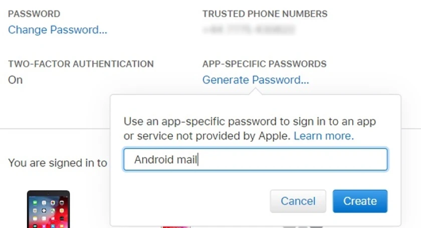 Nhập một mô tả cho mật khẩu này và bấm Create để đăng nhập icloud