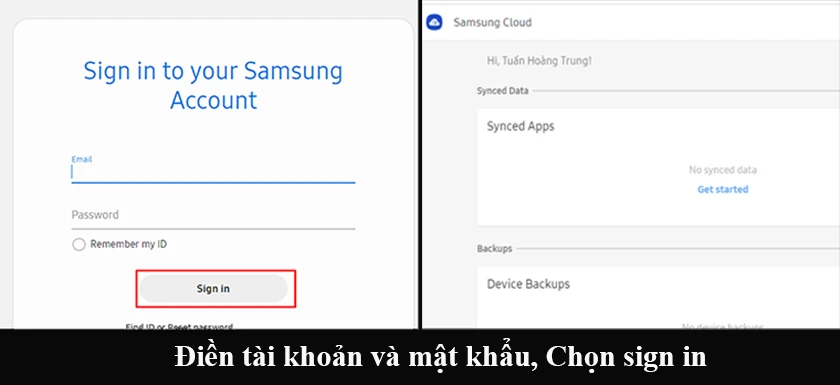 Điền tài khoản và mật khẩu Samsung Cloud vừa tạo ở bước trên. Chọn sign in.