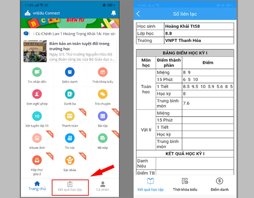 Tra cứu điểm học tập trên app - ứng dụng Vnedu Connect