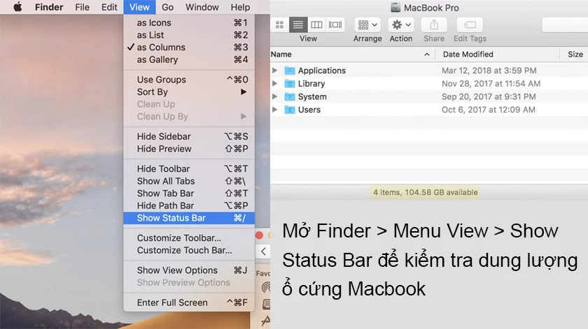 kiểm tra dung lượng macbook bằng finder