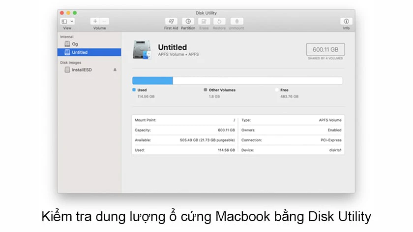 kiểm tra dung lượng macbook bằng Disk Utility