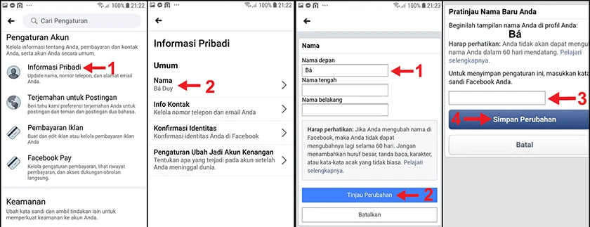 Tại đây nhập mật khẩu để xác nhận và nhấp chọn Simpan Perubahan. - cách đổi tên facebook 1 chữ