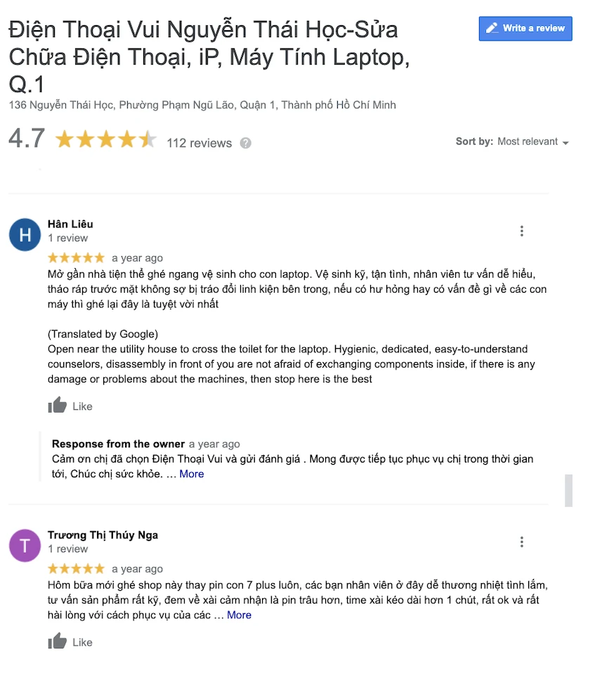 Review dịch vụ sửa laptop quận 1 Điện Thoại Vui