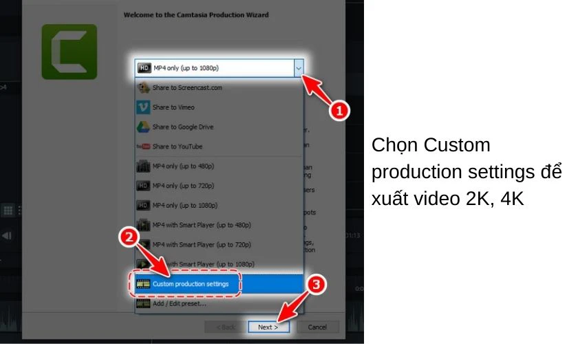 thiết lập Custom production settings