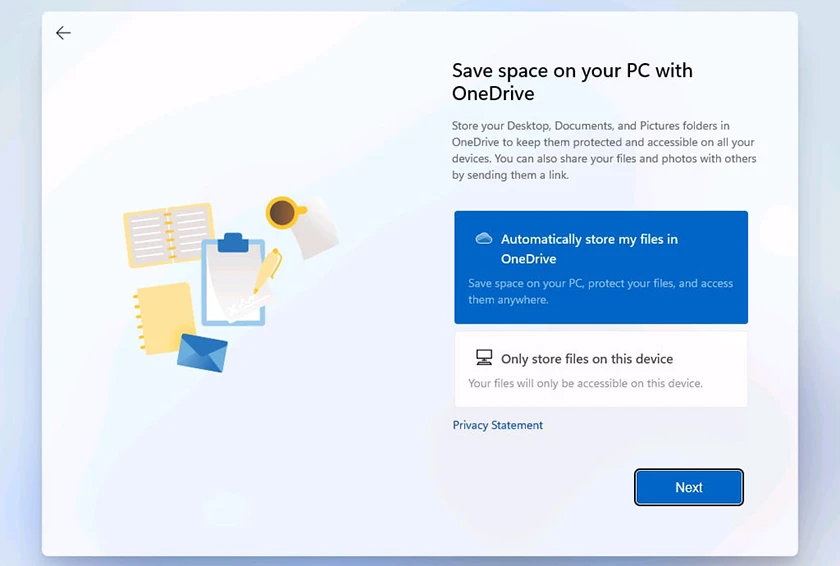 chọn lưu trữ trên OneDrive hoặc lưu trữ Offline