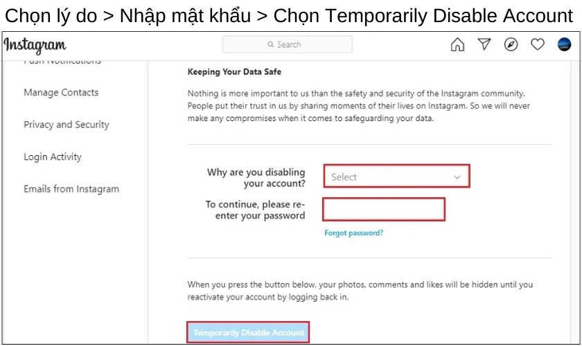 chọn Temporarily Disable Account