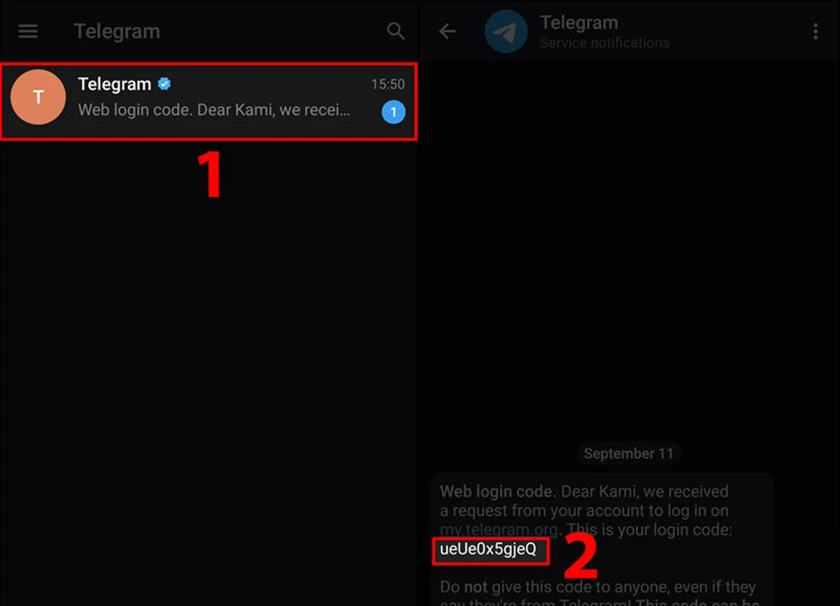 Tại giao diện chính của Telegram, copy lại mã xác nhận.