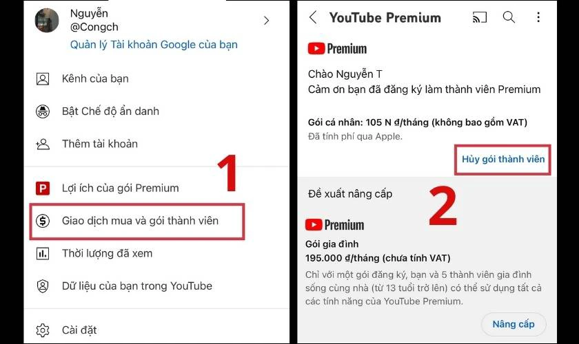 hủy đăng ký youtube premium 