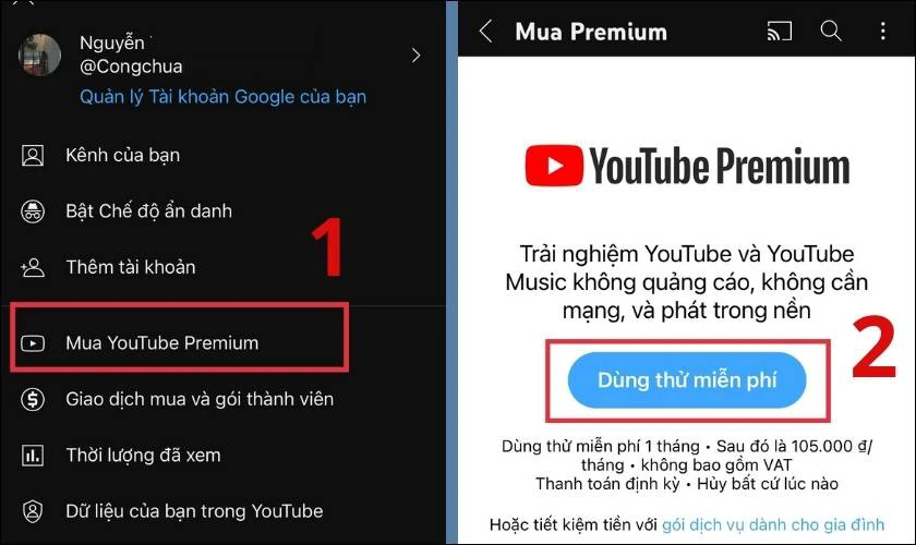 đăng ký dùng thử miễn phí youtube premium 