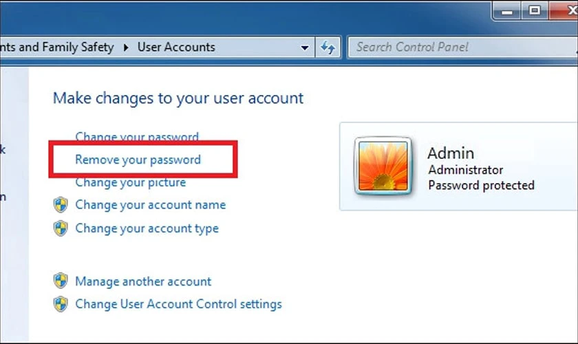 chọn Make changes to your user account area of the User Accounts