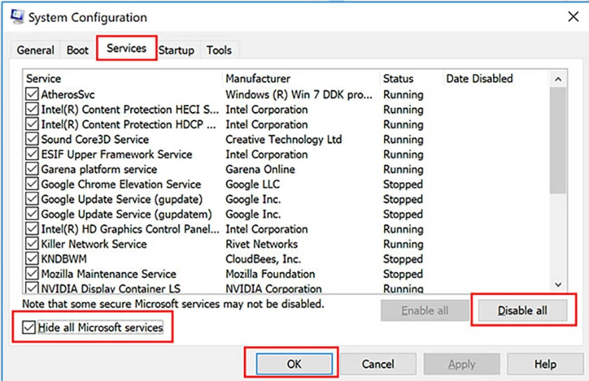 Tiếp tục chuyển qua thẻ Service và đánh dấu mục Hide all Microsoft services và chọn Disable All.