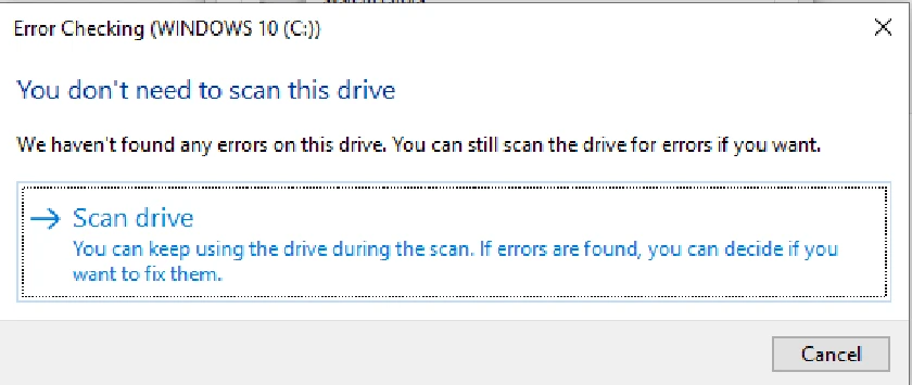 Nhấn chọn Scan drive sau đó chờ đợi hệ thống tự sửa lỗi.